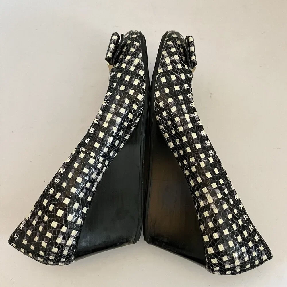 Cole Haan Gingham Bow Women's Black Leather Wedge Pin Up Heel Sandals SZ 8 B